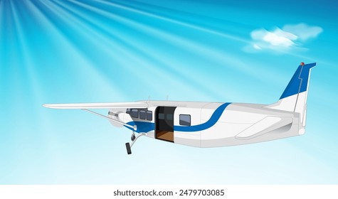 A small airplane flying through clear skies