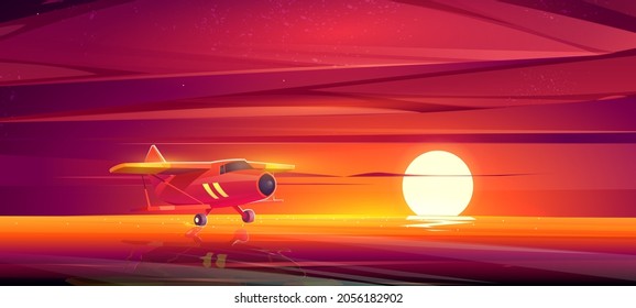 Small airplane at sunset ocean landscape, crop duster plane flying low over sea surface in red dusk sky. Private aircraft, civil aviation cropduster machine with propeller, Cartoon vector illustration