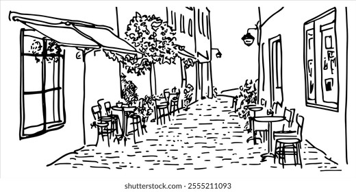 small alley in Lviv’s Old Town with cozy cafes, doodle hatching vector sketch