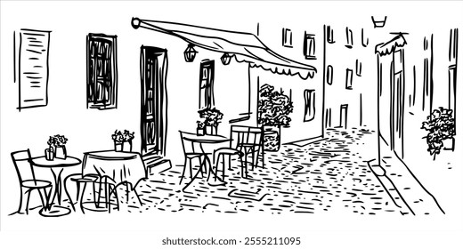 small alley in Lviv’s Old Town with cozy cafes, doodle hatching vector sketch