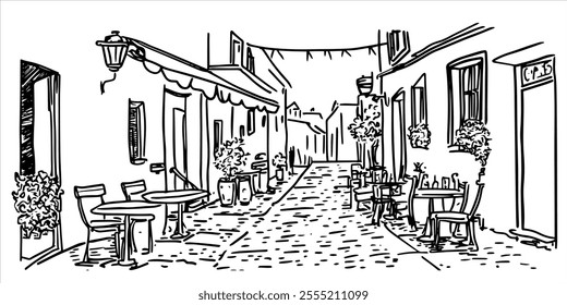 small alley in Lviv’s Old Town with cozy cafes, doodle hatching vector sketch