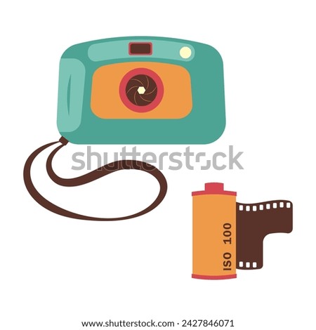 Small, amateur camera and film. Vector illustration in 90s style on a white background.