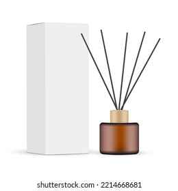 Small Amber Bottle With Aroma Sticks, Reed Diffuser, Packaging Box, Isolated on White Background. Vector Illustration