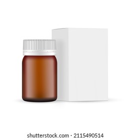 Small Amber Bottle with Packaging Box Side View. Mockup for Medical Products Packaging. Vector Illustration