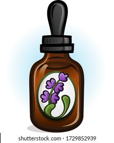 A small amber colored bottle of lavender scented essential oils with a sticker vector illustration