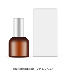 Small Amber Cosmetic Bottle With Paper Box. Packaging For Serum Or Oil, Isolated On White Background. Vector Illustration