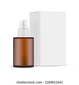 Small Amber Cosmetic Pump Bottle Mockup For Oil Or Serum With Packing Box. Vector Illustration