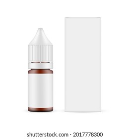 Small Amber Dropper Unicorn Bottle with Paper Box Front View, Isolated on White Background. E-liquid vial Mockup. Vector Illustration