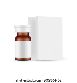 Small Amber Glass Medical Ampoule Mockup with Paper Packaging Box. Vector Illustration