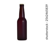 Small amber glass stout beer bottle vector mockup. 300ml brown ale bottle, craft brewery glassware blank. Cold beverage container with golden cap closeup for pub presentation