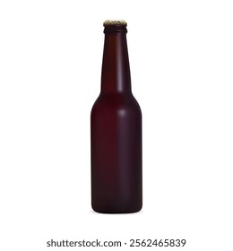 Small amber glass stout beer bottle vector mockup. 300ml brown ale bottle, craft brewery glassware blank. Cold beverage container with golden cap closeup for pub presentation