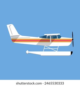 Small amphibian seaplane. plane icon. white sea plane in flat style isolated on blue background