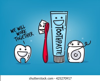 Small amusing tooth, toothbrush, dental floss, toothpaste characters scene drawing on light blue background.