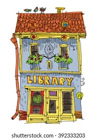 a small ancient building with a library or a bookstore on the first floor. cartoon