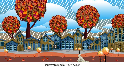a small ancient town located on the edge of the fairy forest with large trees, autumn rainy day with falling leaves.