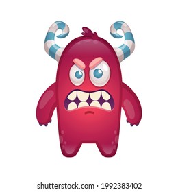 Small angry cartoon monster with big teeth and horns vector illustration