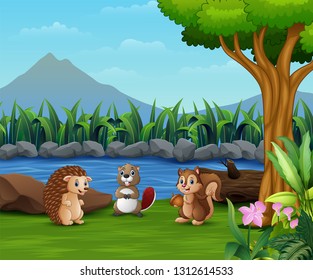 Small animal playing by the river