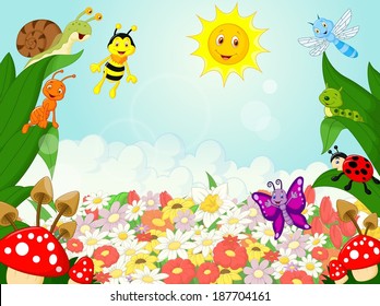 Small animals cartoon with flower background