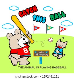 small animals playing baseball, cartoon vector illustration