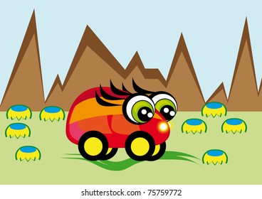 small animation car for a drive in mountains. Illustration