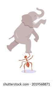 Una hormiga pequeña está criando un elefante grande. ¿Quién es más fuerte? Hechos interesantes sobre insectos. Comparación relativa, concepto de medición. Ilustración vectorial en estilo plano sobre fondo aislado blanco.