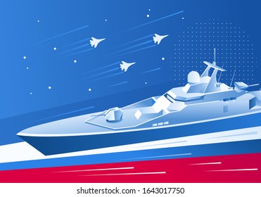 Small anti-submarine warship card. Defender of the Fatherland Day in Russia. May 9 Victory Day. Vector illustration