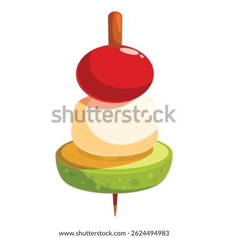 Small appetizer canape with cherry tomato, cheese and kiwi holding by wooden stick isolated on white background