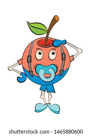 small apple with a dummy in the mouth. Having fun, cartoon, color vector illustration, isolated on white background