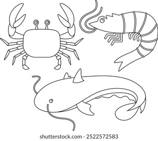 small aquatic animal icons vector illustration outline black white