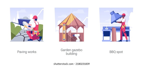 Small architectural forms installation isolated concept vector illustration set. Paving works, garden gazebo building, BBQ spot in the backyard, lay footpath, exterior works vector cartoon.