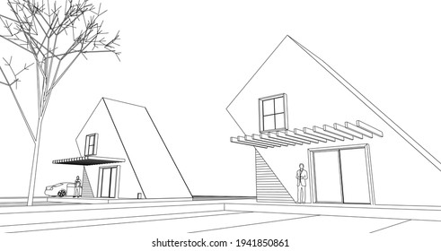 small architecture modern house 3d rendering