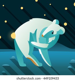Small arctic bear sitting on the snow, looking at the night sky