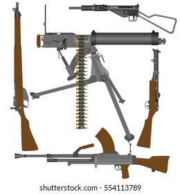 Small Arms Of The Armed Forces Of Great Britain In World War II. The Illustration On A White Background.