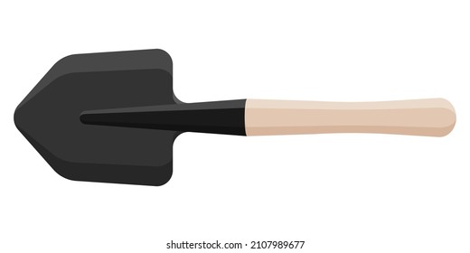 Small army tactical bayonet infantry shovel with wooden handle. Touristic equipment for camping and tourism. Military concept for army, soldiers and war. Vector cartoon isolated illustration.