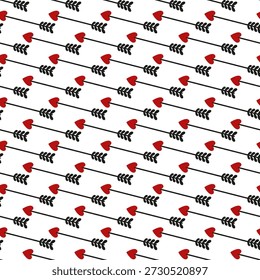 Pequeñas flechas con corazones aislados sobre un fondo blanco. Lindo patrón sin costuras. Ilustración gráfica de Vector plano simple. Textura.
