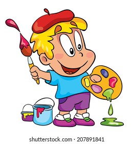 small artist, boy with a palette, vector illustration on white background