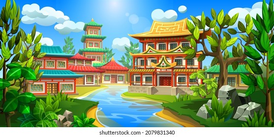 A small Asian village stands on the banks of the river. Ancient national houses and pagodas with colorful roofs. 