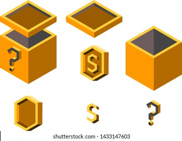 small asset pack of isomectric vector images, mistery box and coin