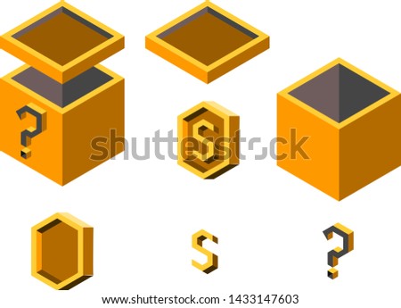 small asset pack of isomectric vector images, mistery box and coin