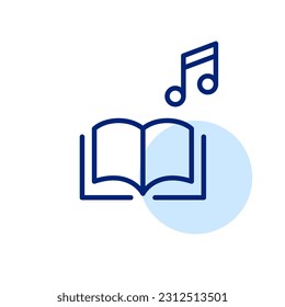 Small audio book electronic library logo. Open book with musical note. Pixel perfect, editable stroke