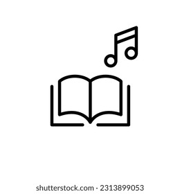 Logo de la biblioteca electrónica de un pequeño libro de audio. Libro abierto con nota musical. Icono de trazo de píxeles perfecto, modificable