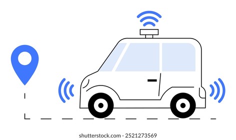 Um pequeno veículo autônomo emitindo ondas de sinal é posicionado ao lado de um pino de localização, enfatizando a navegação, a tecnologia e a conectividade. Ideal para carros autodirigíveis, rastreamento GPS, tecnologia inteligente,