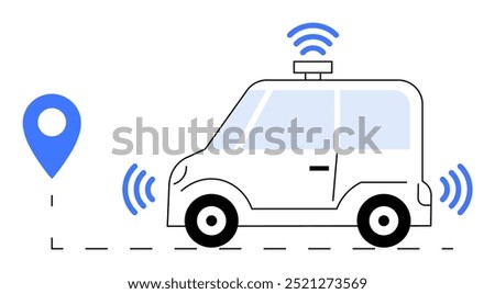 A small autonomous vehicle emitting signal waves is positioned beside a location pin, emphasizing navigation, technology, and connectivity. Ideal for self-driving cars, GPS tracking, smart technology,