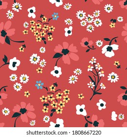 Small autumn flowers on red background. Seamless vector pattern. Vintage print with  inflorescences. Retro textile collection.