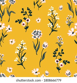 Small autumn flowers on yellow background. Seamless vector pattern. Vintage print with  inflorescences. Retro textile collection.