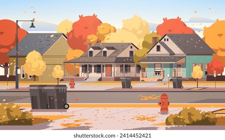 Small autumn street with facades of neighboring houses. Flat vector illustration