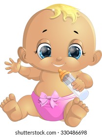 small baby with a bottle painted on a white background