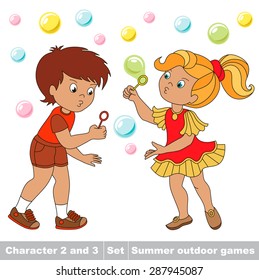 Small baby boy and girl friend playing in the yard inflate soap bubbles. Bubbles fly the two children have fun.  Cartoon character playing baby. Summer outdoor hobby games. Kids summer game.