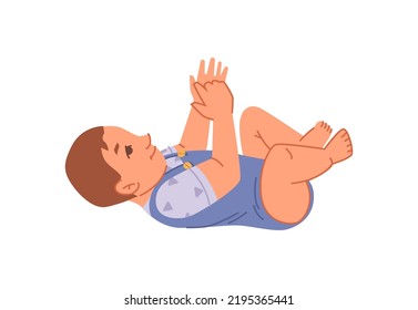 Small baby boy laying on its back and playing with hands and legs. Isolated toddler in jumpsuit, cute child growing. Vector in flat style, flat cartoon character