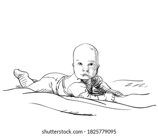 Small baby boy lying on stomach in bed and raising his head and looking ahead with interest, Vector drawing, Hand drawn illustration. Black ink sketch on white